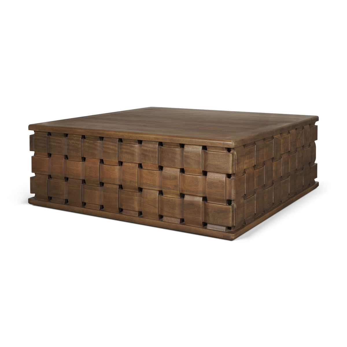 Trellyn 48" Light Brown Wood w/ Carved Woven Base Square Coffee Table-Coffee Tables-DECOROLALA