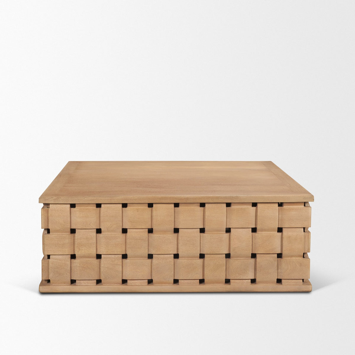 Trellyn 48" Light Brown Wood w/ Carved Woven Base Square Coffee Table-Coffee Tables-DECOROLALA