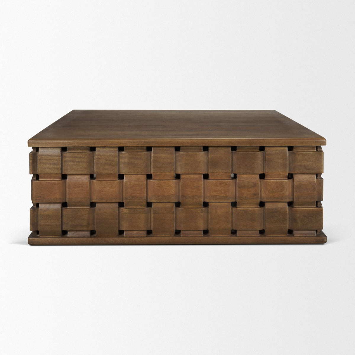 Trellyn 48" Light Brown Wood w/ Carved Woven Base Square Coffee Table-Coffee Tables-DECOROLALA
