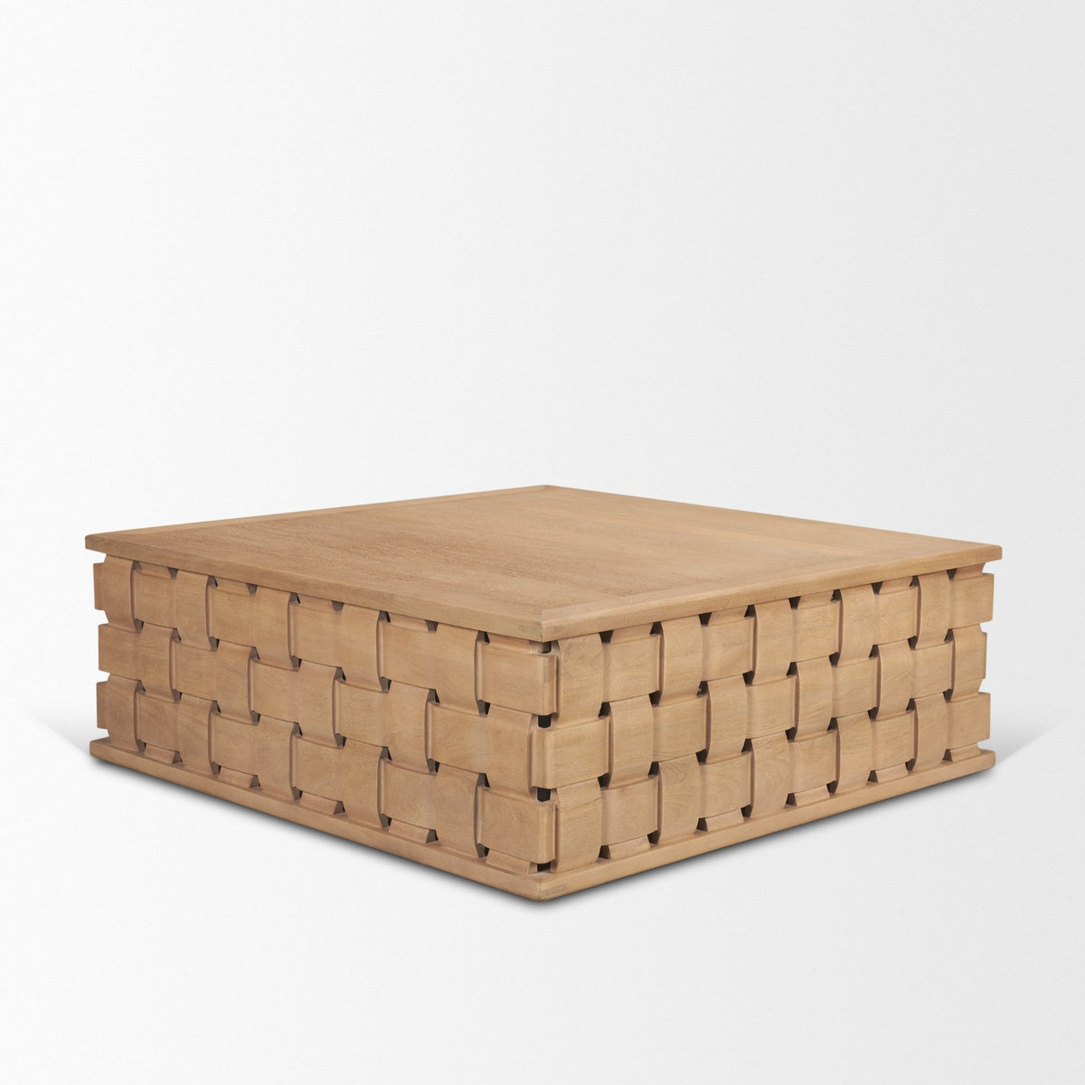 Trellyn 48" Light Brown Wood w/ Carved Woven Base Square Coffee Table-Coffee Tables-DECOROLALA