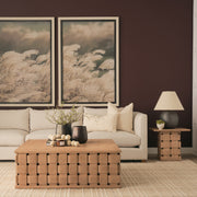 Trellyn 48" Light Brown Wood w/ Carved Woven Base Square Coffee Table-Coffee Tables-DECOROLALA