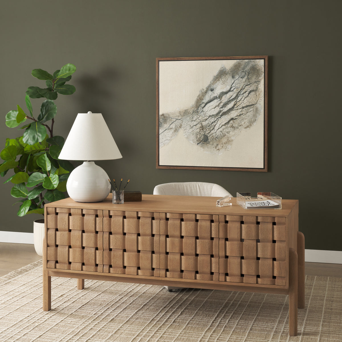 Trellyn Dark Brown Solid Wood Carved Woven Desk-Office-DECOROLALA