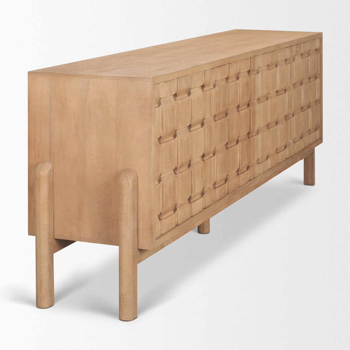 Trellyn Light Brown Solid Wood 4-Door Sideboard with Carved Woven Doors-Sideboards & Buffets-DECOROLALA