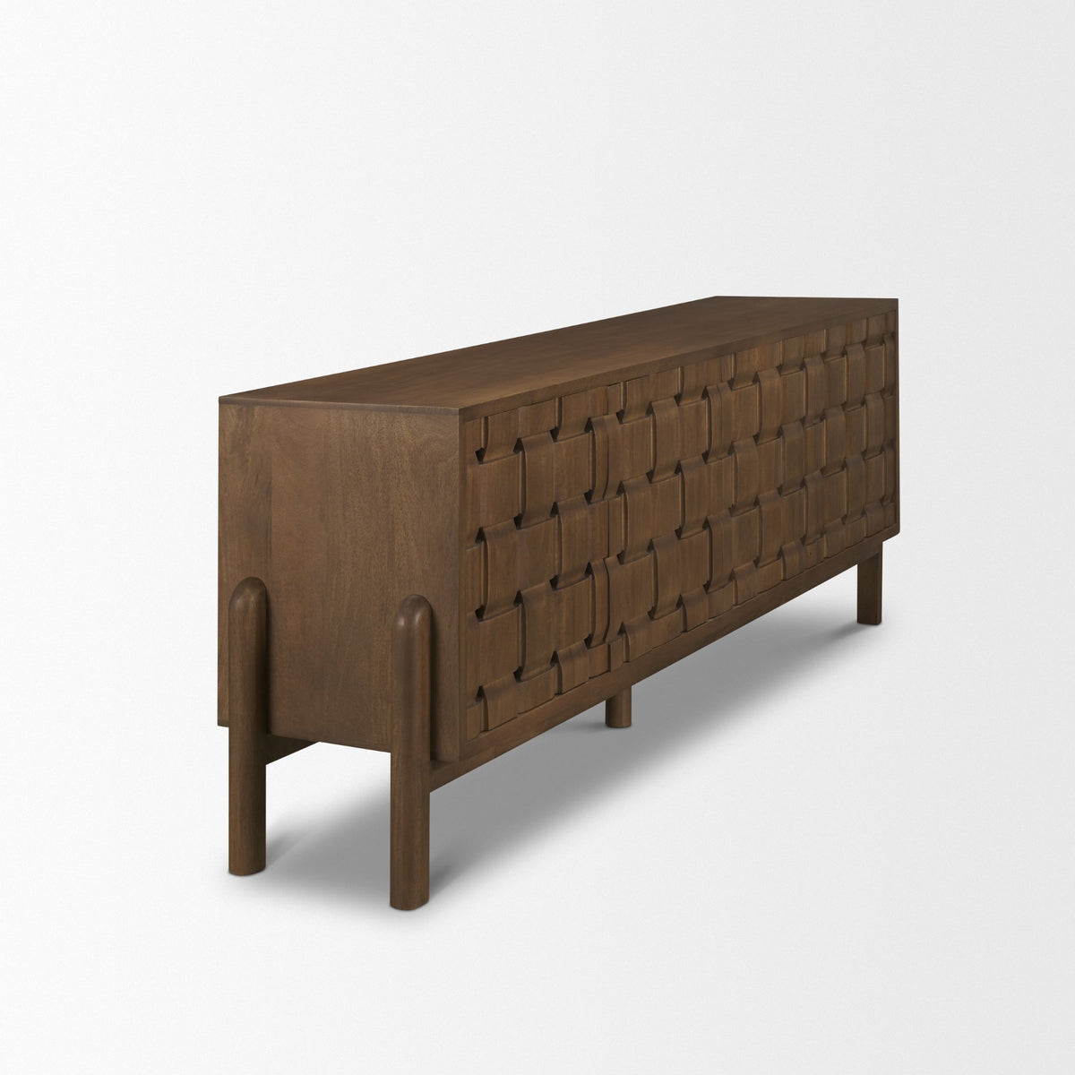Trellyn Light Brown Solid Wood 4-Door Sideboard with Carved Woven Doors-Sideboards & Buffets-DECOROLALA