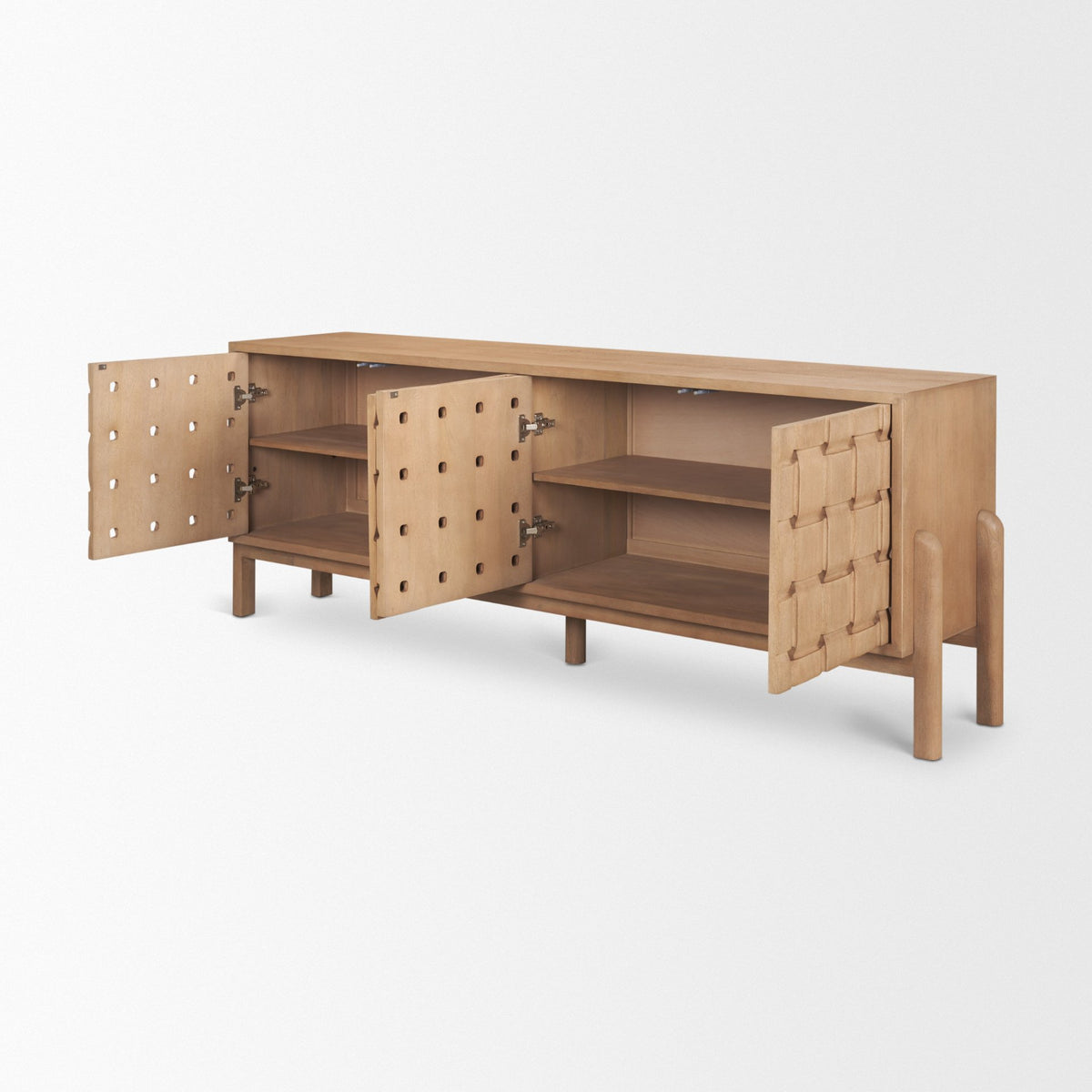 Trellyn Light Brown Solid Wood 4-Door Sideboard with Carved Woven Doors-Sideboards & Buffets-DECOROLALA