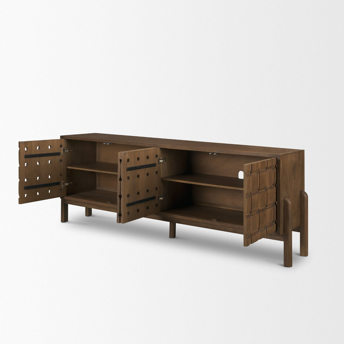 Trellyn Light Brown Solid Wood 4-Door Sideboard with Carved Woven Doors-Sideboards & Buffets-DECOROLALA