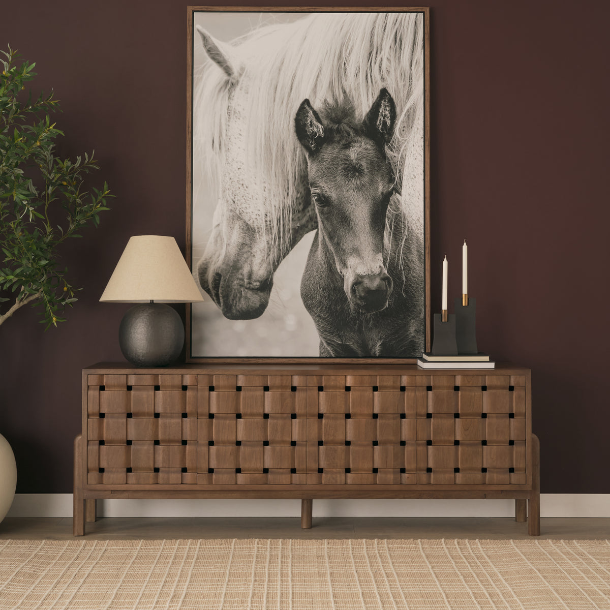 Trellyn Light Brown Solid Wood 4-Door Sideboard with Carved Woven Doors-Sideboards & Buffets-DECOROLALA