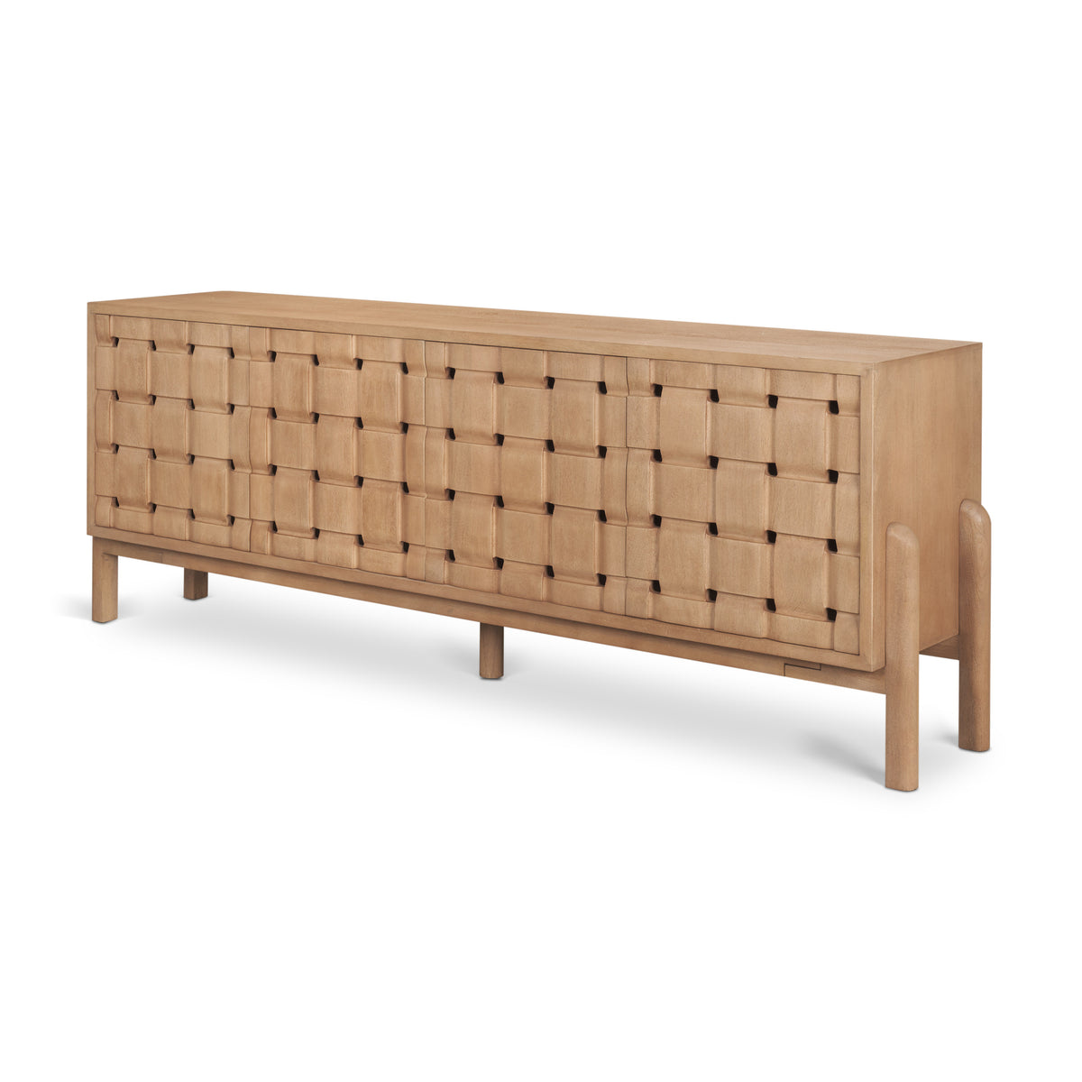 Trellyn Light Brown Solid Wood 4-Door Sideboard with Carved Woven Doors-Sideboards & Buffets-DECOROLALA