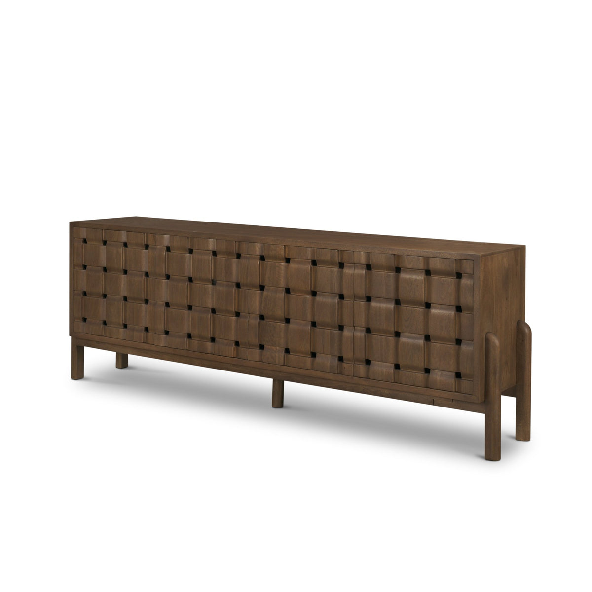 Trellyn Light Brown Solid Wood 4-Door Sideboard with Carved Woven Doors-Sideboards & Buffets-DECOROLALA