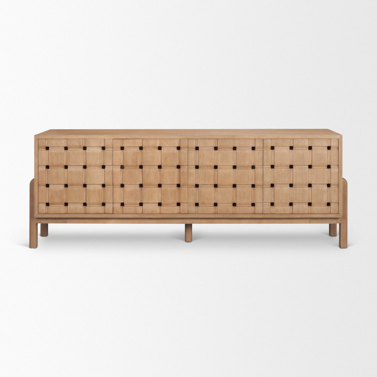 Trellyn Light Brown Solid Wood 4-Door Sideboard with Carved Woven Doors-Sideboards & Buffets-DECOROLALA