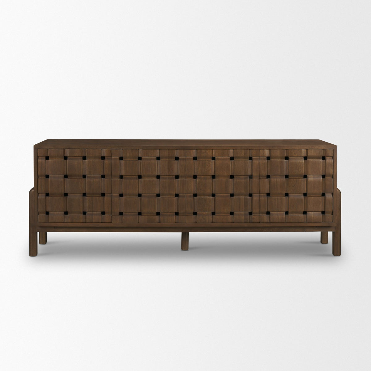 Trellyn Light Brown Solid Wood 4-Door Sideboard with Carved Woven Doors-Sideboards & Buffets-DECOROLALA