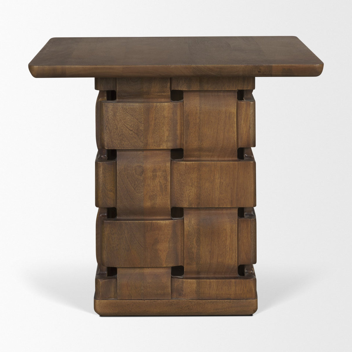 Trellyn Light Brown Wood w/ Carved Woven Base Square Accent Table-Accent Tables-DECOROLALA