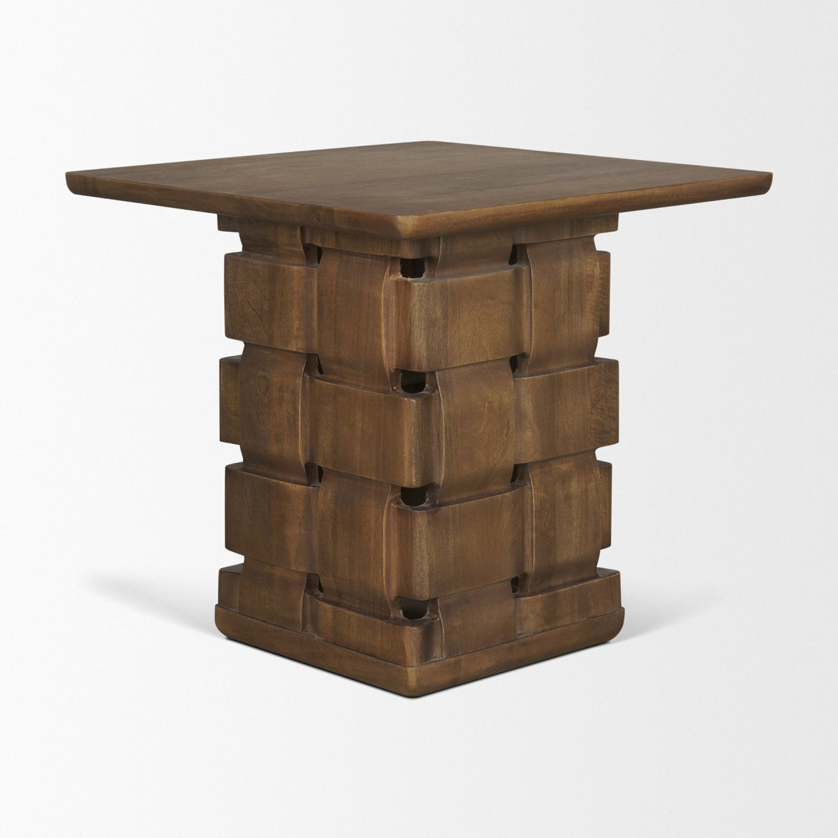 Trellyn Light Brown Wood w/ Carved Woven Base Square Accent Table-Accent Tables-DECOROLALA