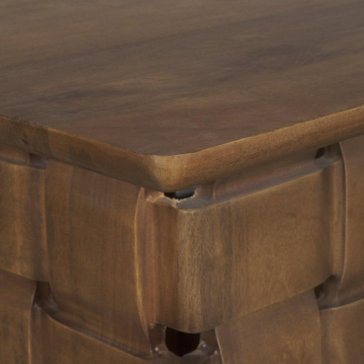 Trellyn Light Brown Wood w/ Carved Woven Base Square Accent Table-Accent Tables-DECOROLALA