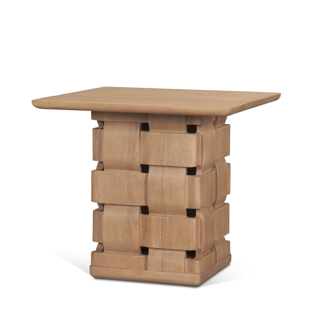 Trellyn Light Brown Wood w/ Carved Woven Base Square Accent Table-Accent Tables-DECOROLALA