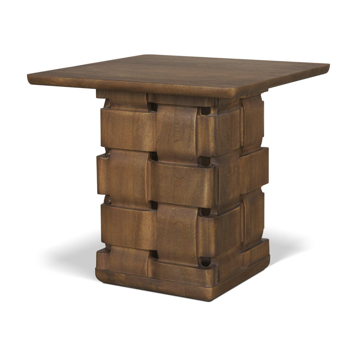 Trellyn Light Brown Wood w/ Carved Woven Base Square Accent Table-Accent Tables-DECOROLALA