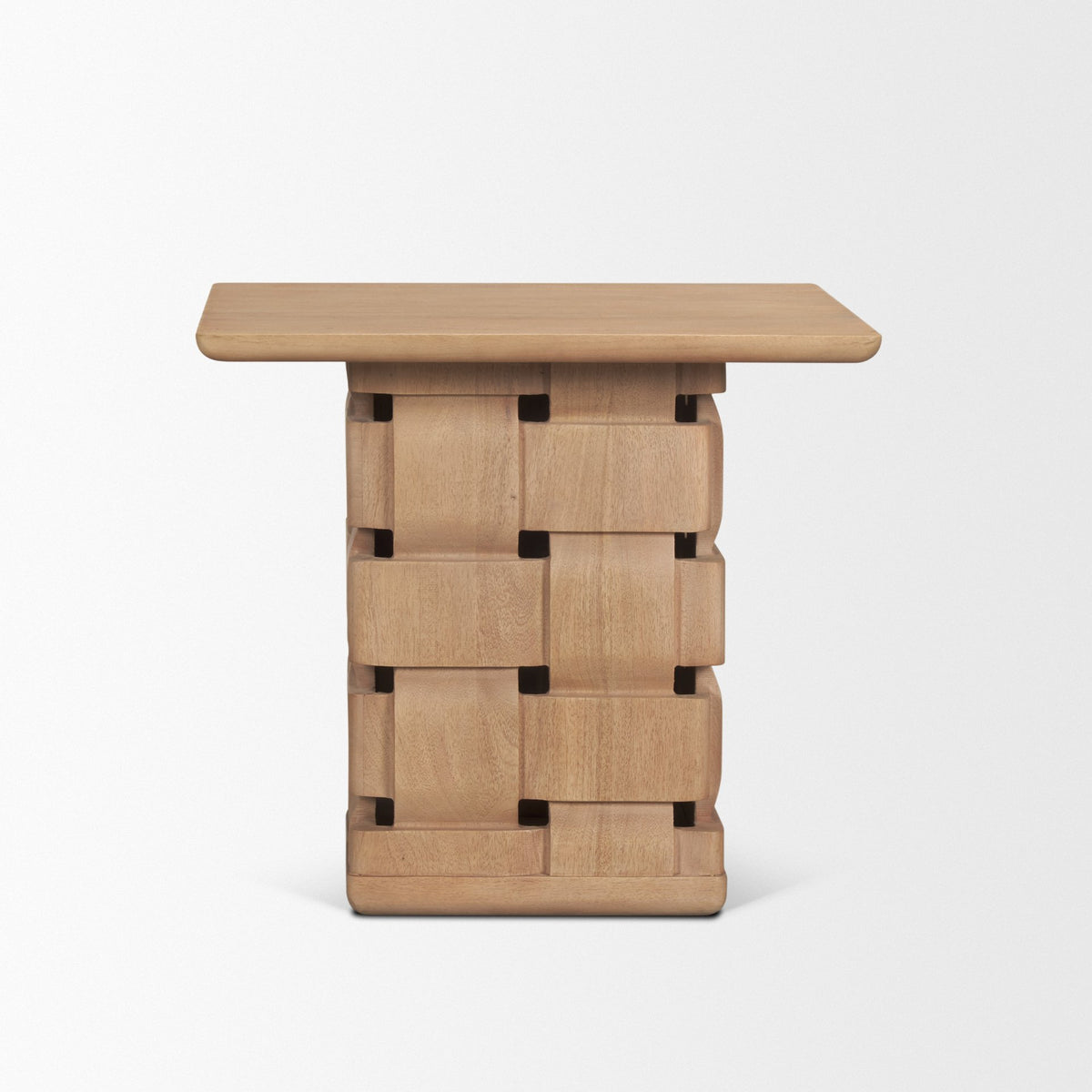 Trellyn Light Brown Wood w/ Carved Woven Base Square Accent Table-Accent Tables-DECOROLALA