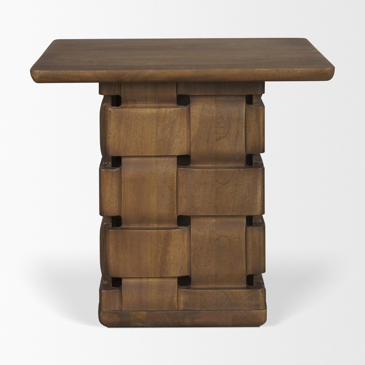 Trellyn Light Brown Wood w/ Carved Woven Base Square Accent Table-Accent Tables-DECOROLALA
