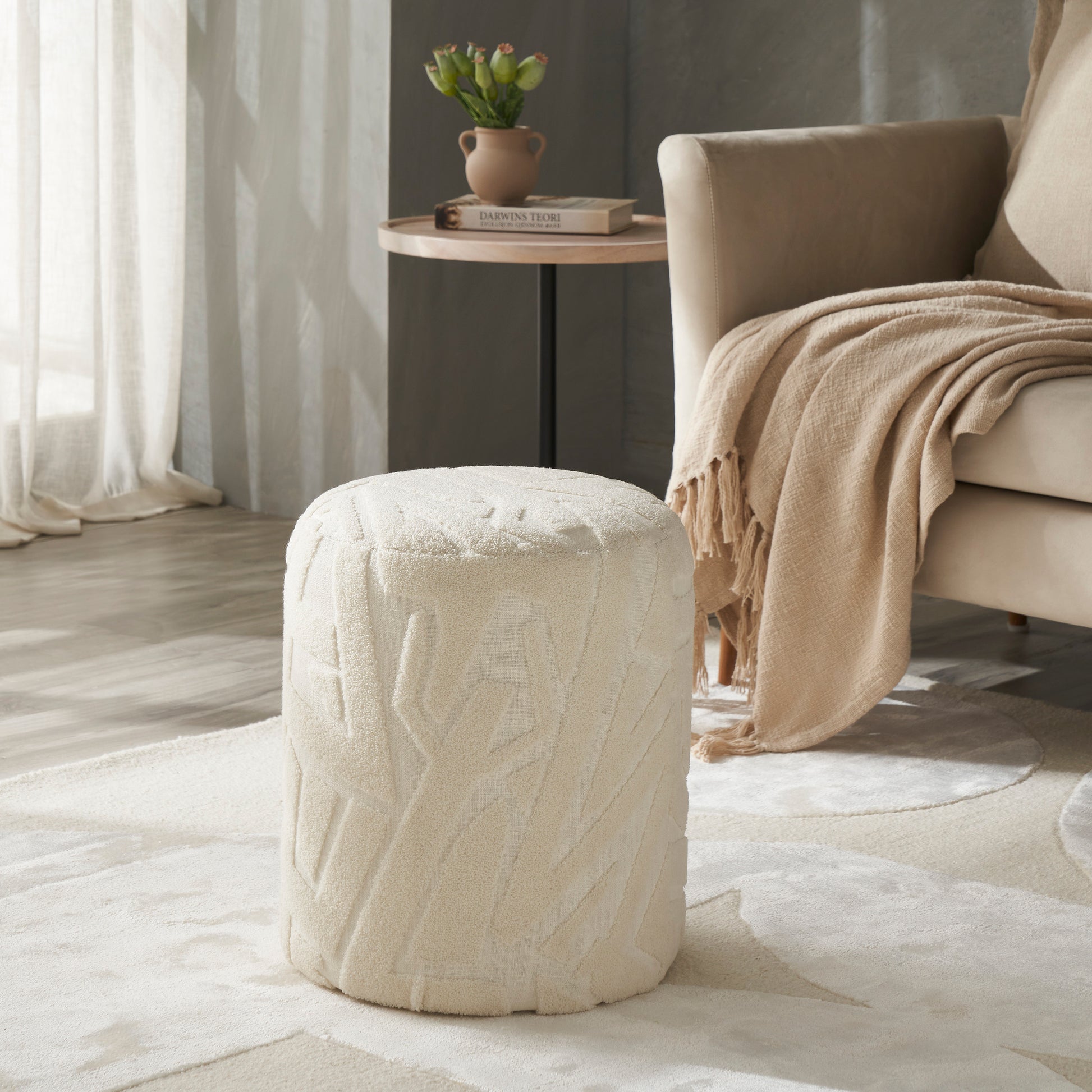 Trento Indoor Embroidered Stool, Ivory-Stool-DECOROLALA