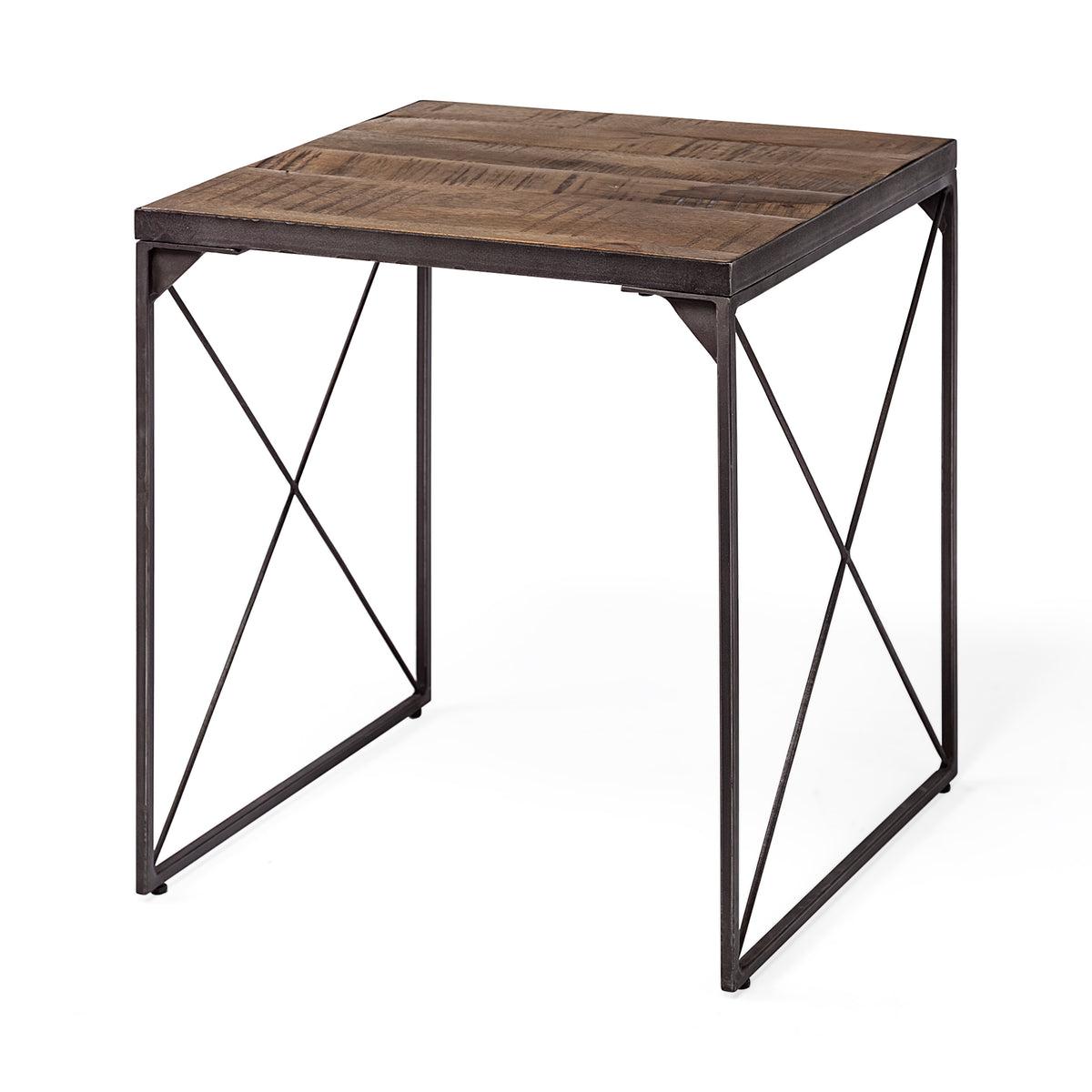 Trestman II 24" x 22.5" Square Top Medium Brown Wood and Iron Cross Braced End/Side Table-End and Side Tables-DECOROLALA