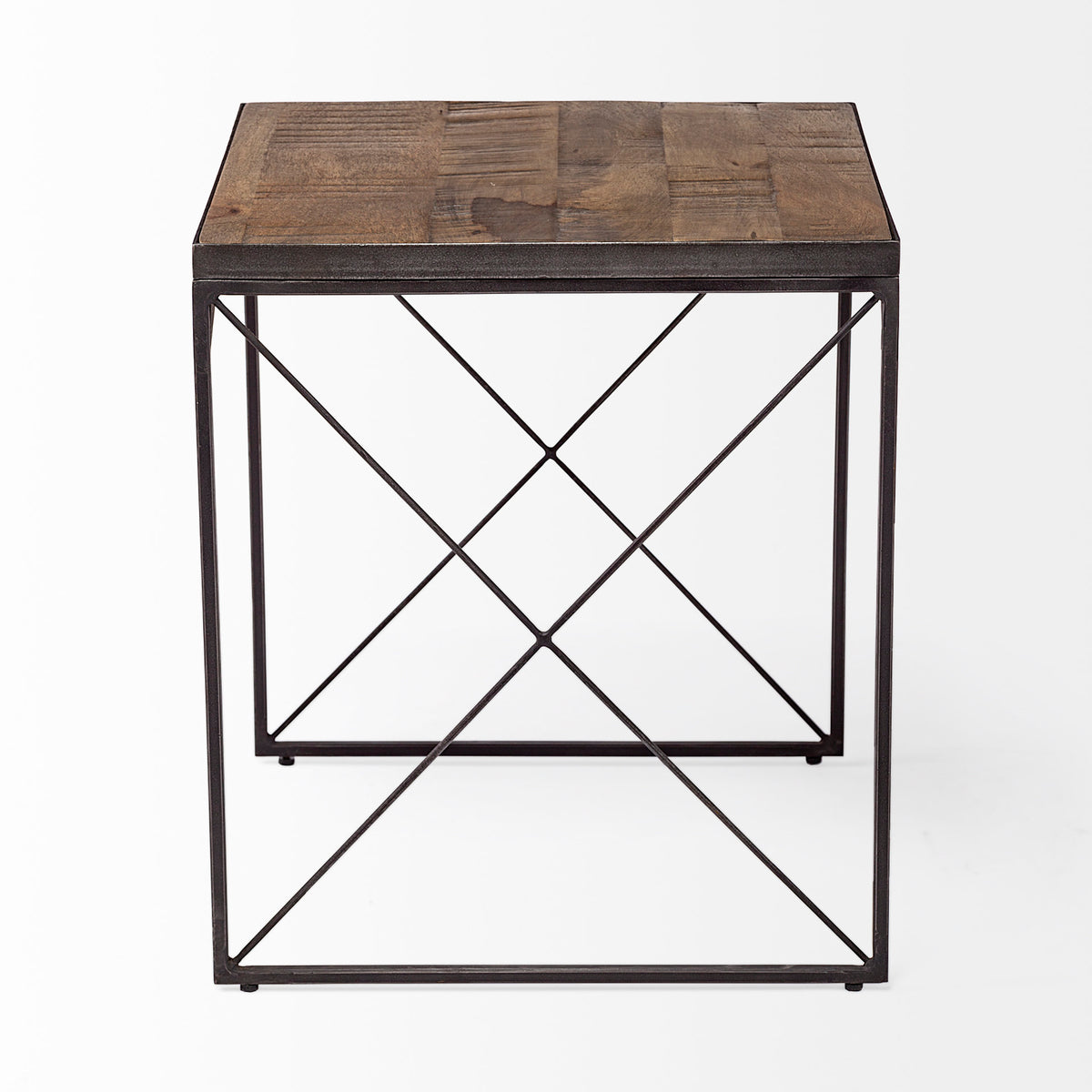 Trestman II 24" x 22.5" Square Top Medium Brown Wood and Iron Cross Braced End/Side Table-End and Side Tables-DECOROLALA