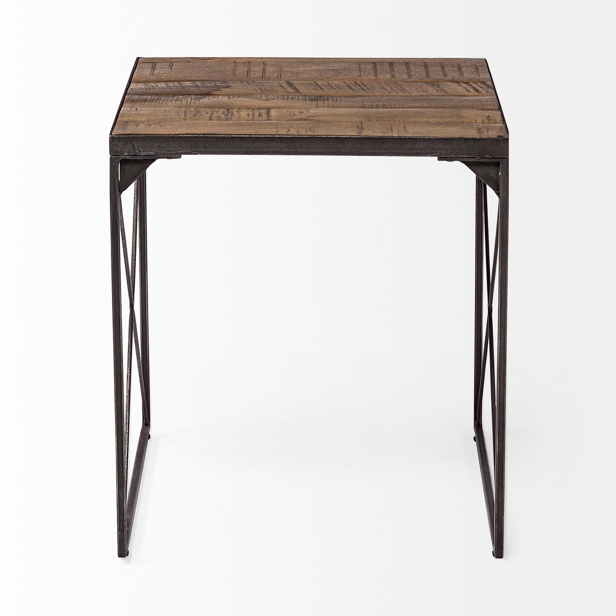 Trestman II 24" x 22.5" Square Top Medium Brown Wood and Iron Cross Braced End/Side Table-End and Side Tables-DECOROLALA