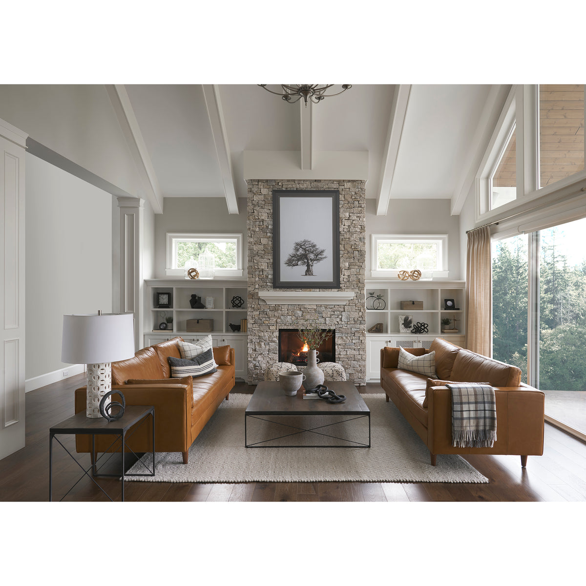 Trestman II 24" x 22.5" Square Top Medium Brown Wood and Iron Cross Braced End/Side Table-End and Side Tables-DECOROLALA