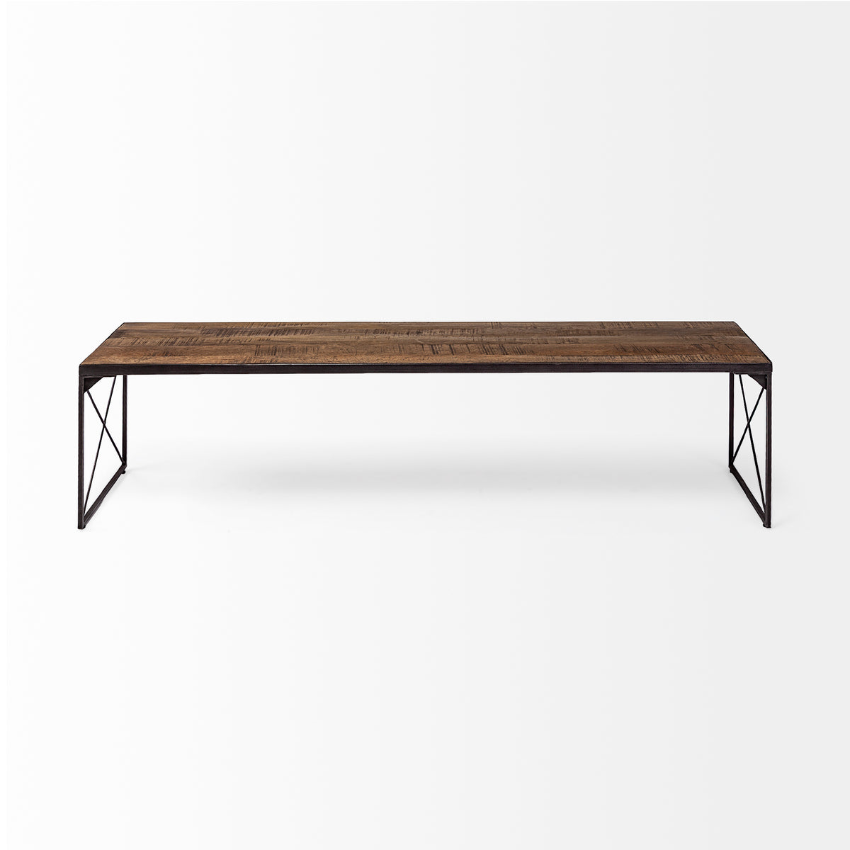 Trestman III 66L x 18W Brown Wood Top W/Black Iron Base Accent Bench-Benches-DECOROLALA