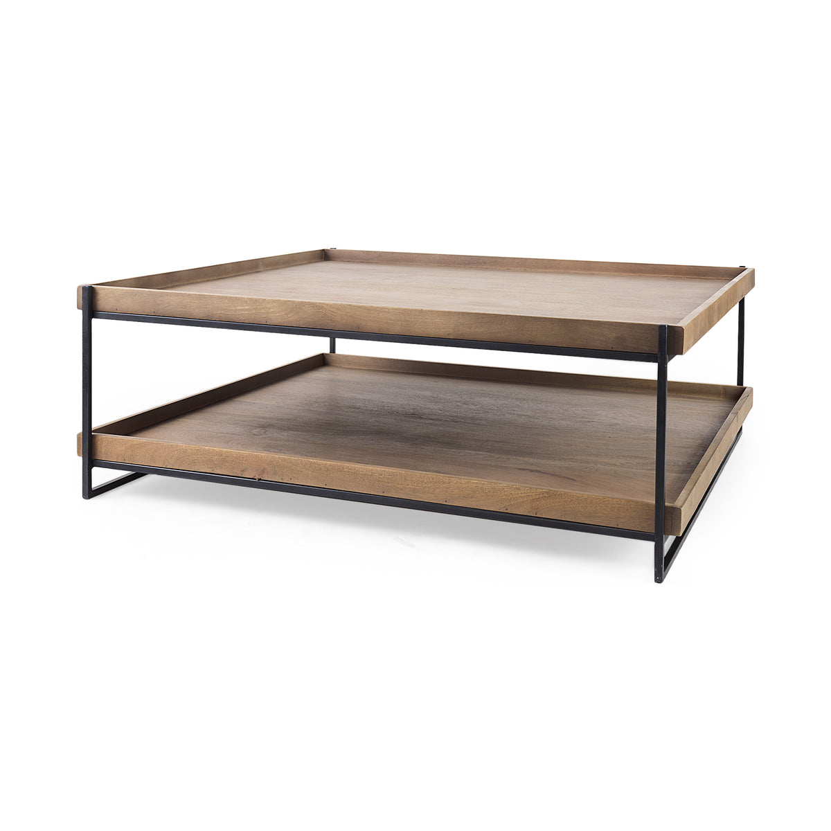 Trey 48x46 Rectangular Brown Solid Wood Top Table Black Metal Frame Two-Tier Coffee Table-Coffee Tables-DECOROLALA