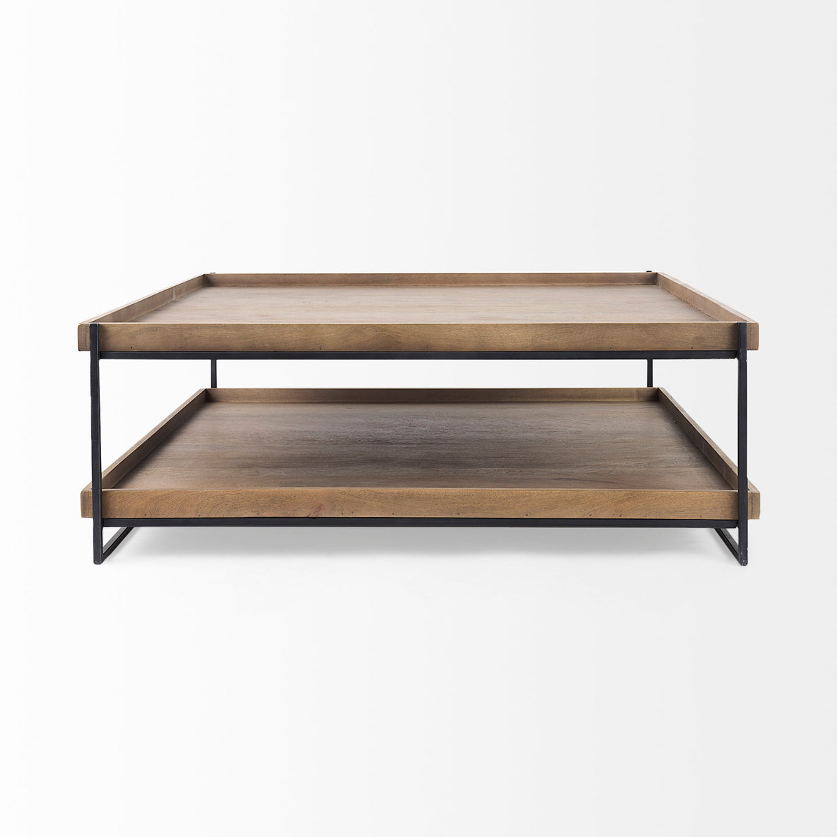 Trey 48x46 Rectangular Brown Solid Wood Top Table Black Metal Frame Two-Tier Coffee Table-Coffee Tables-DECOROLALA