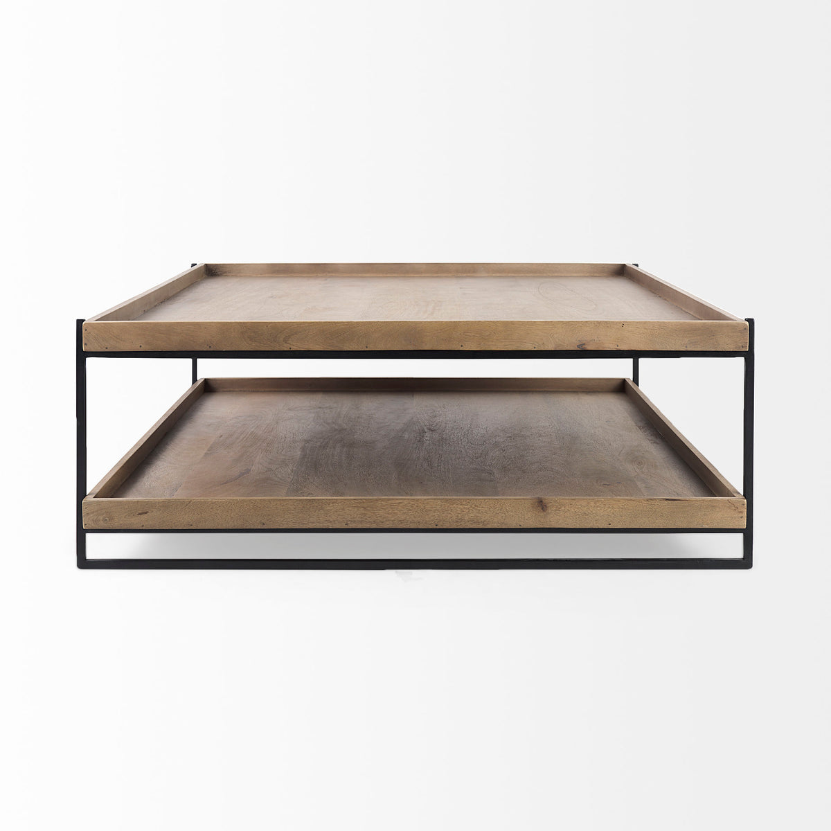 Trey 48x46 Rectangular Brown Solid Wood Top Table Black Metal Frame Two-Tier Coffee Table-Coffee Tables-DECOROLALA