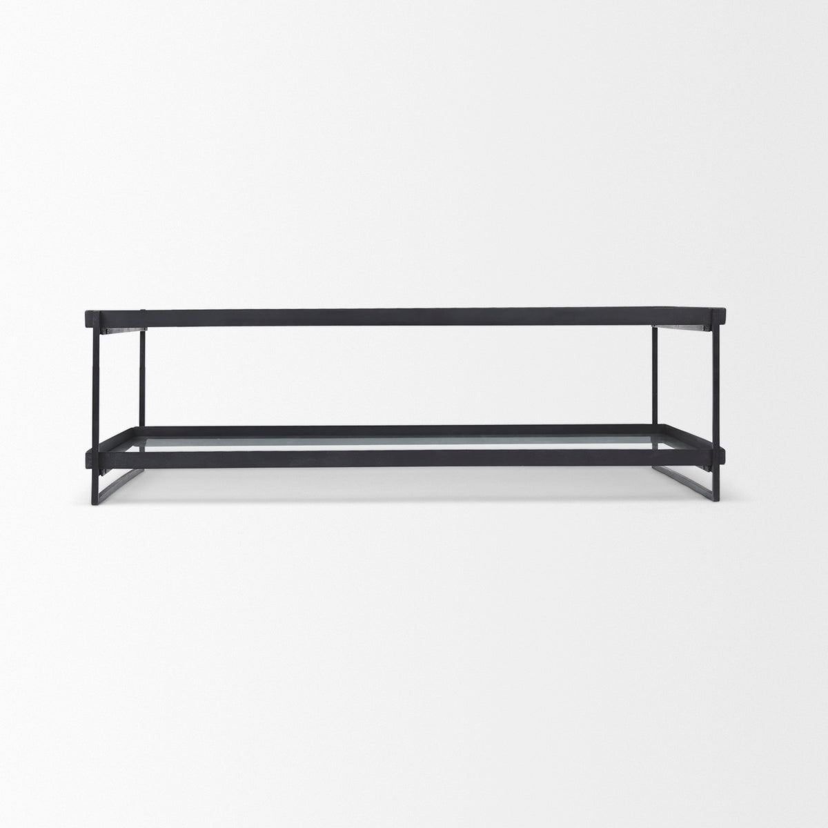 Trey 56"L x 32"W x 17"H Black Metal W/Glass Coffee Table-Coffee Tables-DECOROLALA