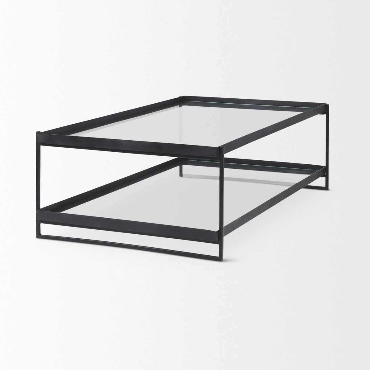 Trey 56"L x 32"W x 17"H Black Metal W/Glass Coffee Table-Coffee Tables-DECOROLALA
