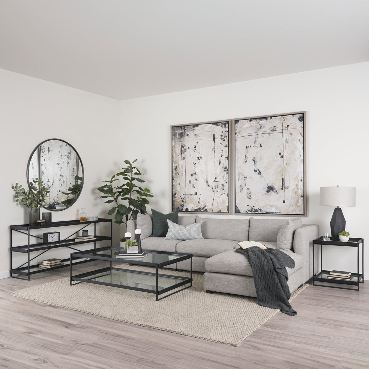 Trey 56"L x 32"W x 17"H Black Metal W/Glass Coffee Table-Coffee Tables-DECOROLALA