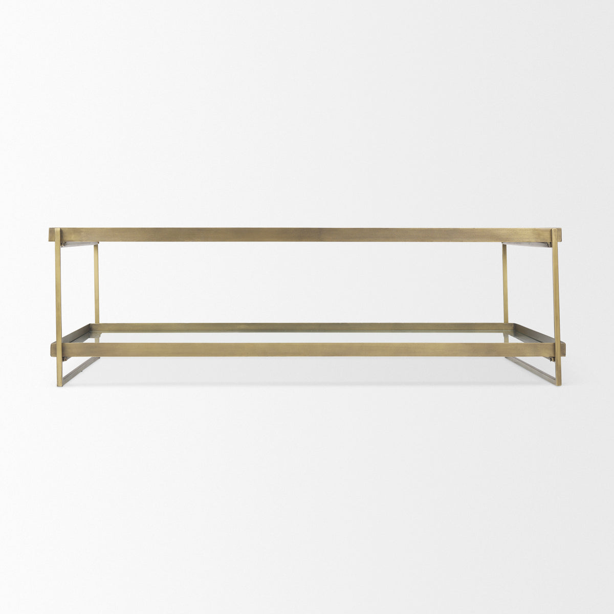 Trey 56.0L x 32.0W x 17.0H Gold Metal W/Glass Coffee table-Coffee Tables-DECOROLALA