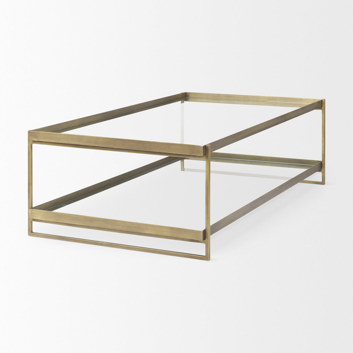 Trey 56.0L x 32.0W x 17.0H Gold Metal W/Glass Coffee table-Coffee Tables-DECOROLALA