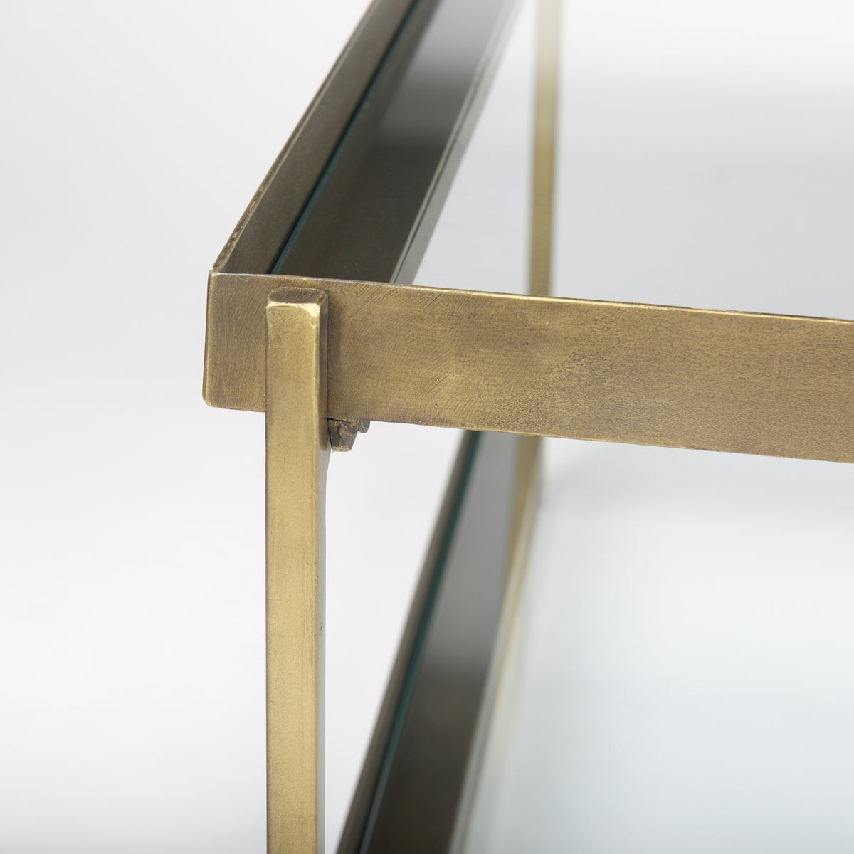Trey 56.0L x 32.0W x 17.0H Gold Metal W/Glass Coffee table-Coffee Tables-DECOROLALA