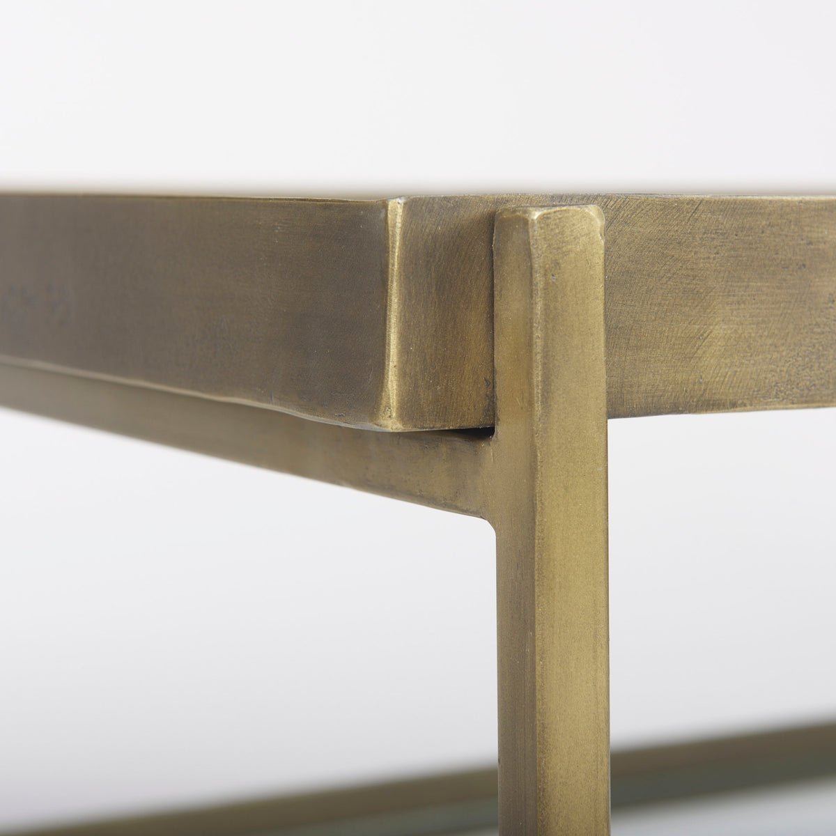 Trey 56.0L x 32.0W x 17.0H Gold Metal W/Glass Coffee table-Coffee Tables-DECOROLALA