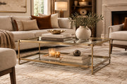 Trey 56.0L x 32.0W x 17.0H Gold Metal W/Glass Coffee table-Coffee Tables-DECOROLALA