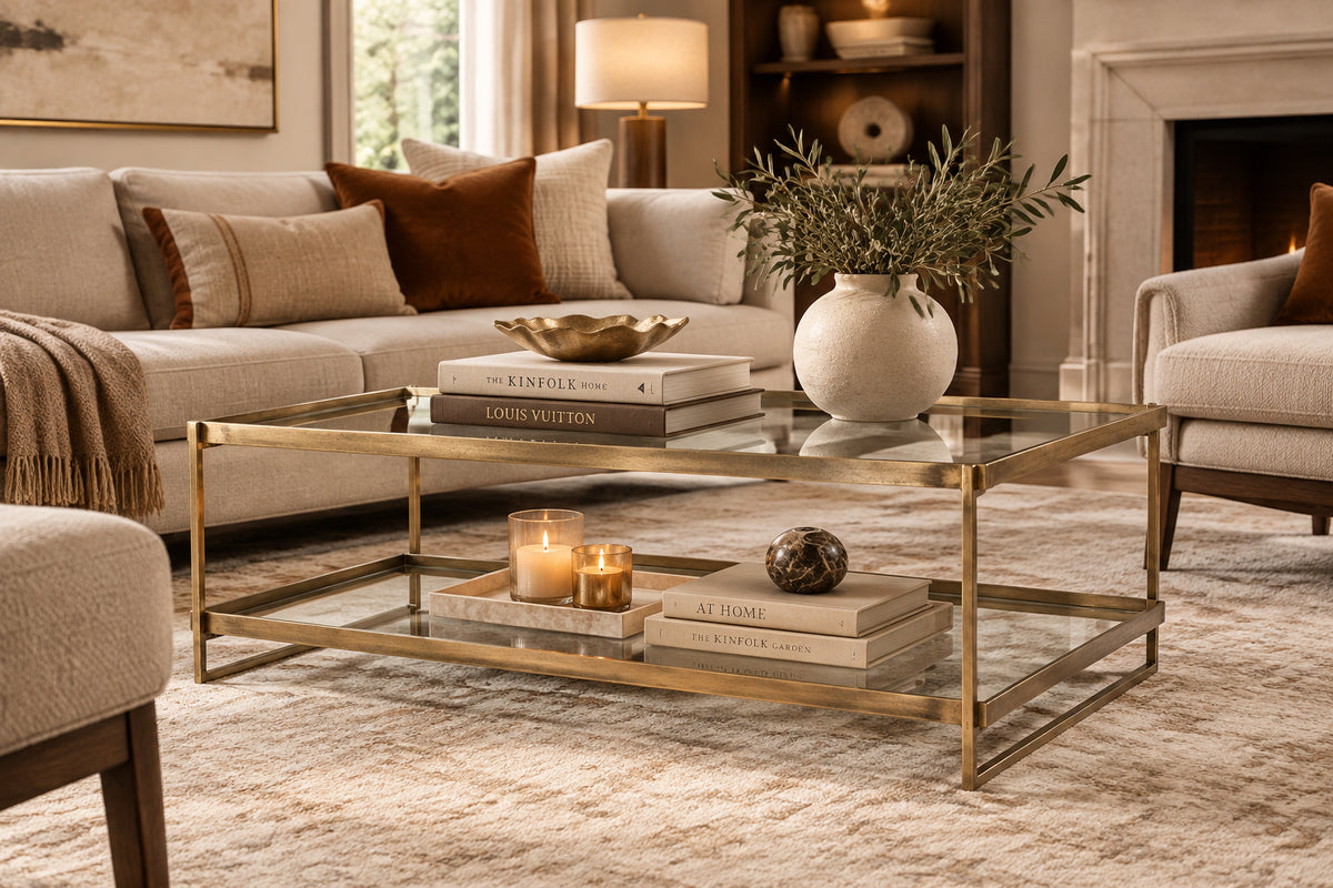 Trey 56.0L x 32.0W x 17.0H Gold Metal W/Glass Coffee table-Coffee Tables-DECOROLALA