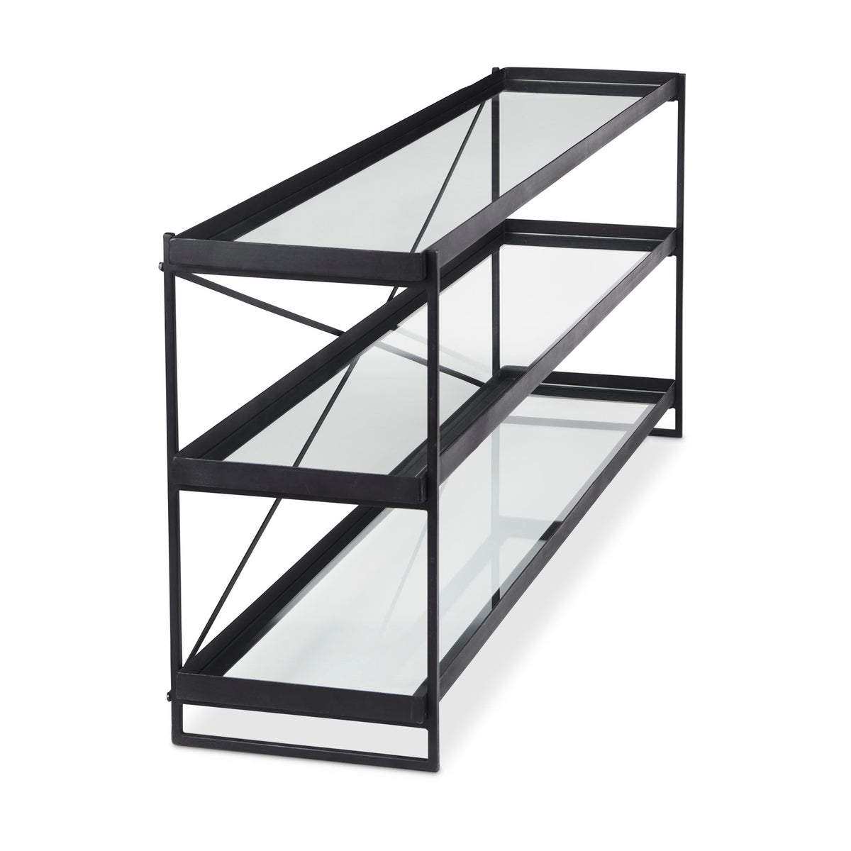 Trey 72.0L x 16.0W x 30.0H Metal W/Glass Console Table-Console Tables-DECOROLALA
