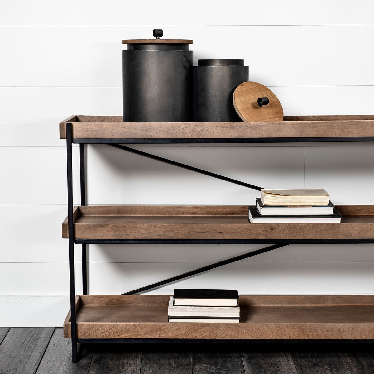 Trey I 80L x 16W Brown Wood and Black Iron Console Table-Console Tables-DECOROLALA