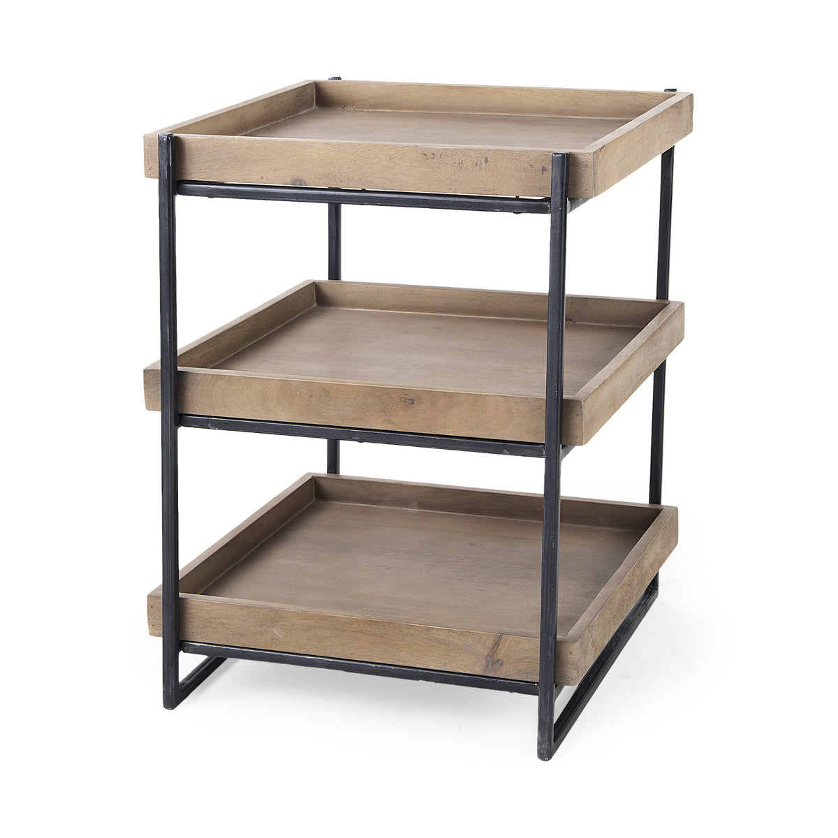 Trey III 20" x 26" Square Medium Brown Wooden Three-Tiered Black Iron Frame End/Side Table-End and Side Tables-DECOROLALA
