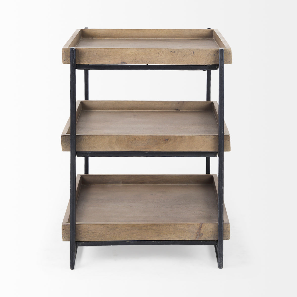 Trey III 20" x 26" Square Medium Brown Wooden Three-Tiered Black Iron Frame End/Side Table-End and Side Tables-DECOROLALA