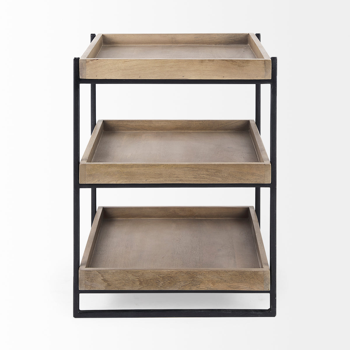 Trey III 20" x 26" Square Medium Brown Wooden Three-Tiered Black Iron Frame End/Side Table-End and Side Tables-DECOROLALA