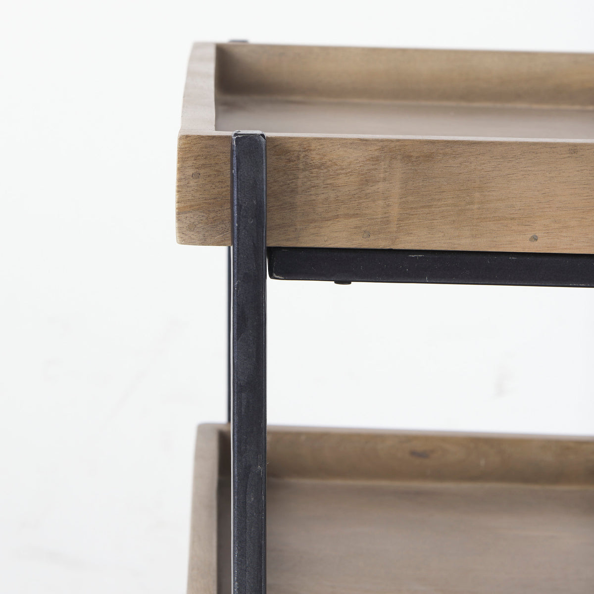 Trey III 20" x 26" Square Medium Brown Wooden Three-Tiered Black Iron Frame End/Side Table-End and Side Tables-DECOROLALA