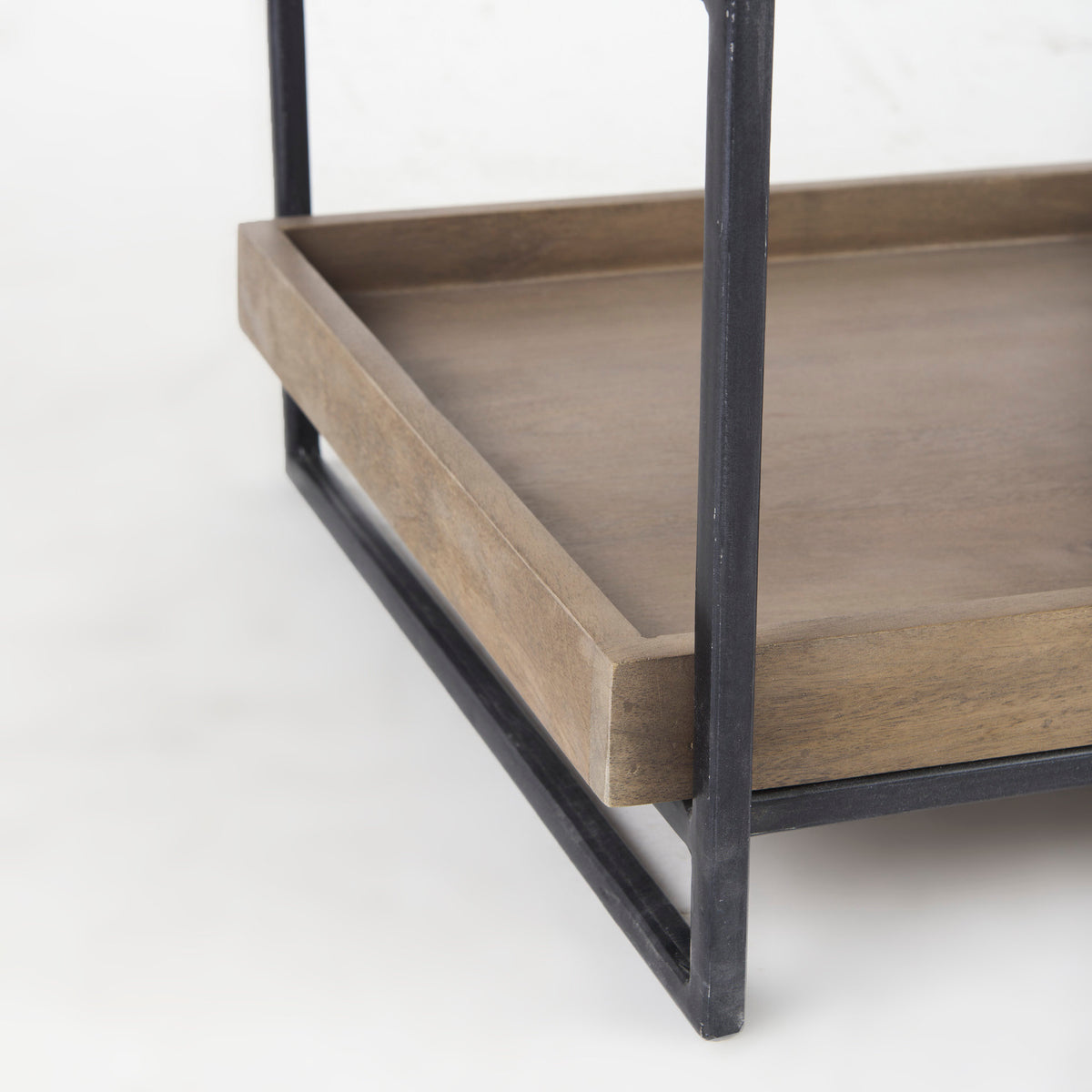 Trey III 20" x 26" Square Medium Brown Wooden Three-Tiered Black Iron Frame End/Side Table-End and Side Tables-DECOROLALA