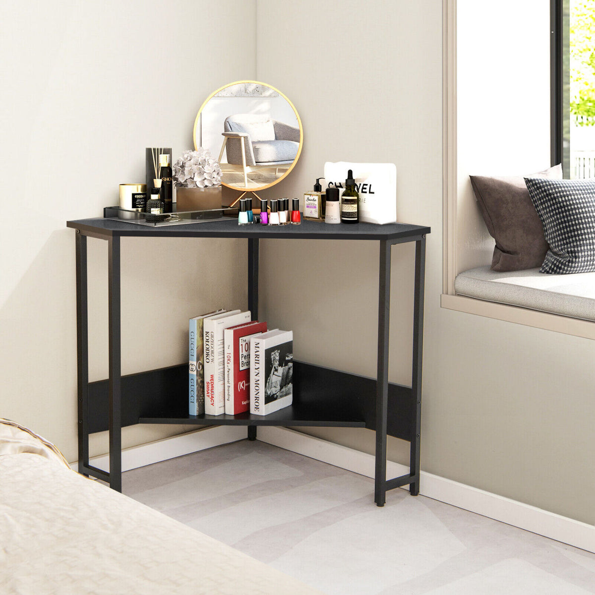 Triangle Computer Corner Desk with Charging Station-Black-Corner Desks-DECOROLALA