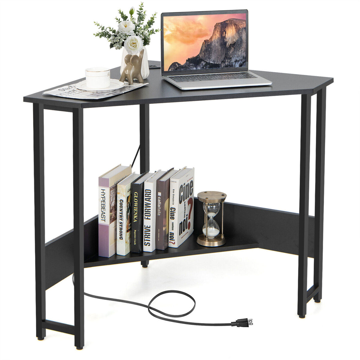 Triangle Computer Corner Desk with Charging Station-Black-Corner Desks-DECOROLALA