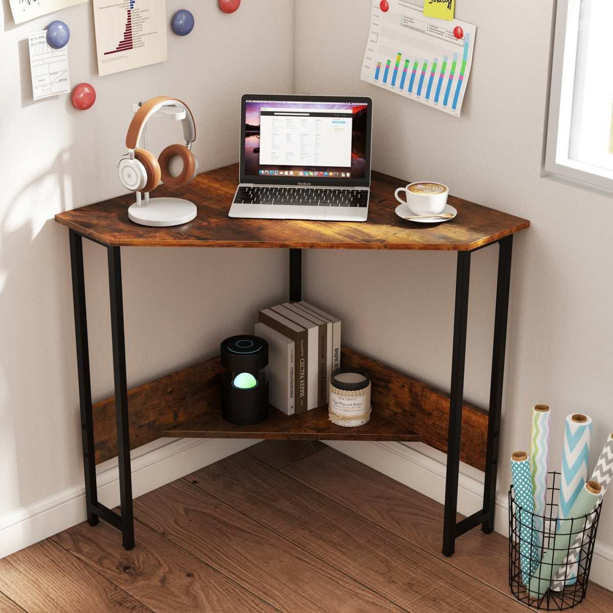 Triangle Computer Corner Desk with Charging Station-Rustic Brown-Corner Desks-DECOROLALA